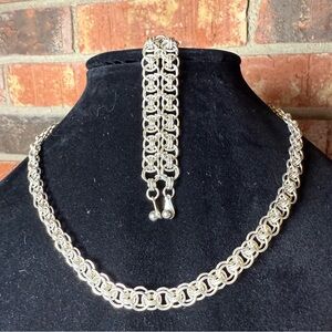 Silver Chainmail Unisex Neck Chain & Bracelet 7”& 18” Intricate Pattern